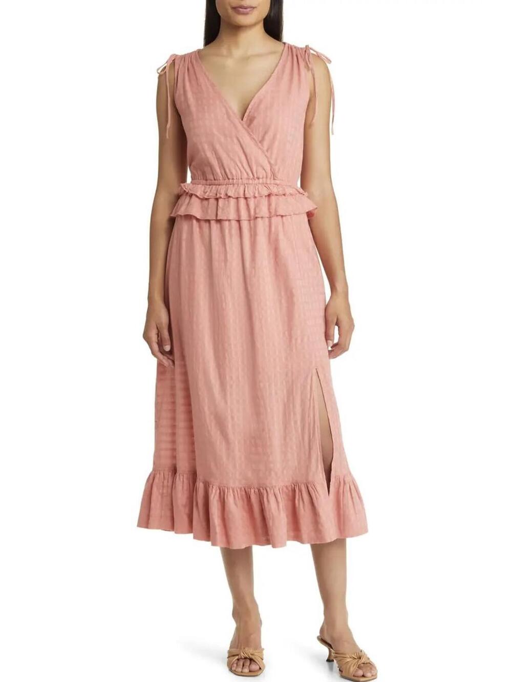 Caslon Faux Wrap Ruffle Dobby Dress Pink Desert XS